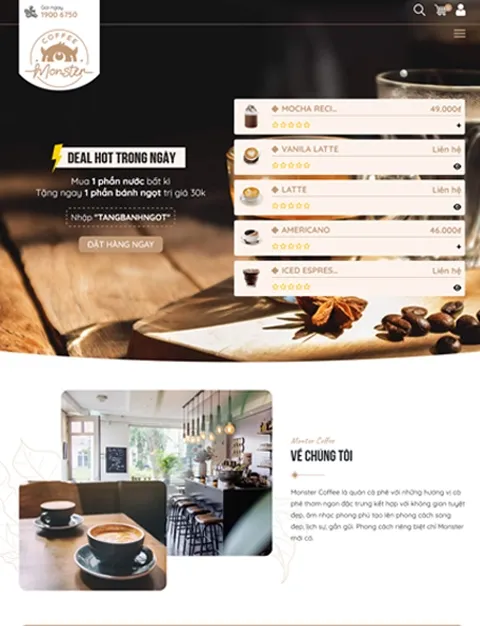 Giao diện theme nhà hàng đồ uống Monster Coffee