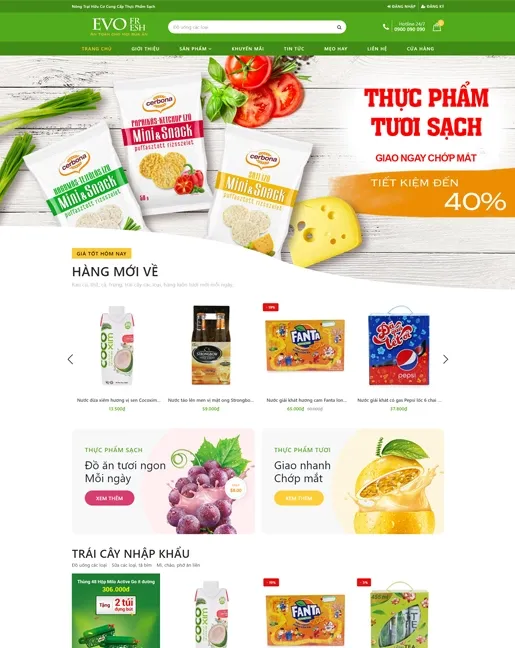 Template giao diện web thực phẩm Evo Fresh với bố cục rõ ràng