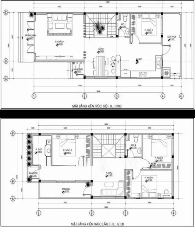 Bản vẽ kiến trúc bố trí không gian tầng 1 và tầng 2 nhà 6x15m
